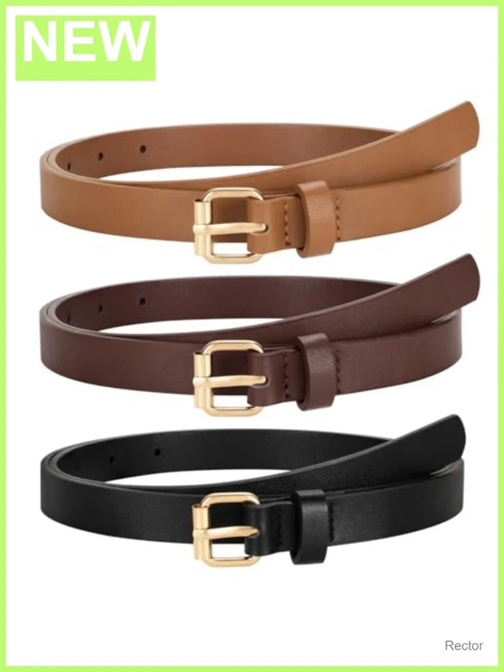 Women Skinny Faux Leather Belt for Jeans, 3 Pack with Gold Buckle
